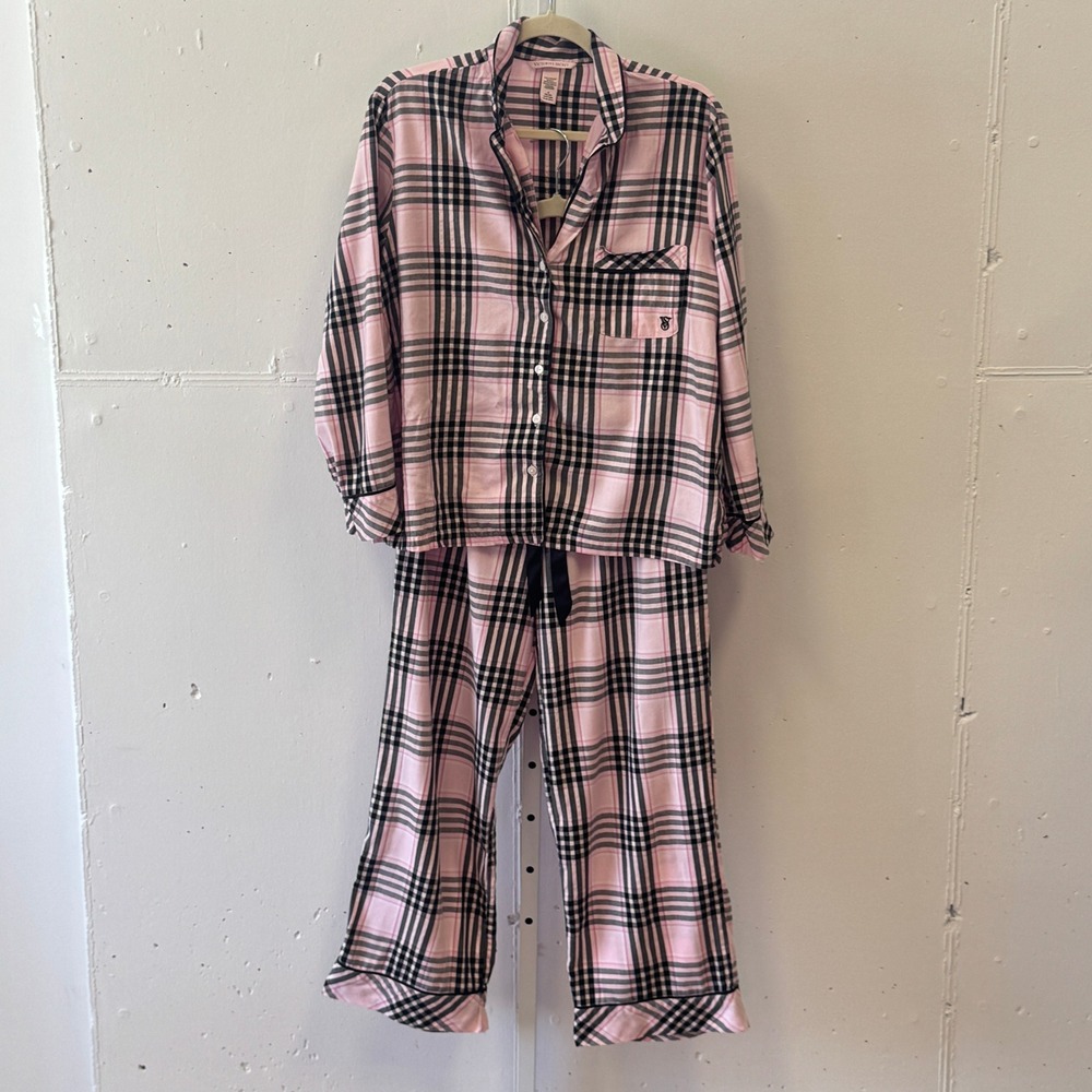 Victoria's Secret Pink Black‎ Plaid PJ Pajama Set Cotton Modal Metallic Medium
